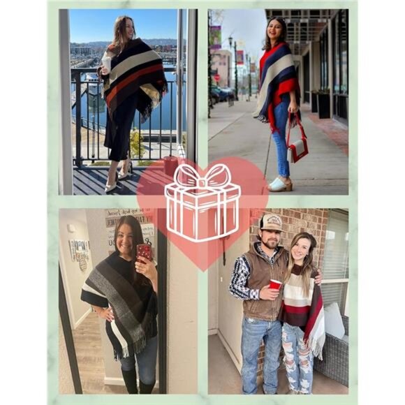 Women's Striped Poncho Sweater Cozy Knit Fringe Shawl Wraps for Fall Winter - Picture 6 of 7